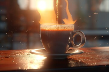 Poster - morning coffee on the table in the morning. Generated by AI.