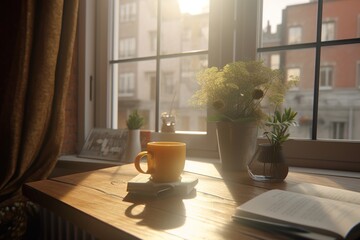 Poster - morning coffee on the table in the morning. Generated by AI.