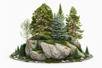 Sticker - rocky outcrop with a lush forest growing on top. Generative AI