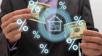 Poster - Property Management Real Estate Mortgage Rent Buy concept on the hexagons and transparent honeycomb structure presentation screen. Man pressing button on display with word in modern office