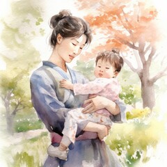 Colorful watercolor painting of a mother with her child