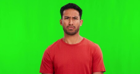 Leinwandbilder - Face, confused and shock with a man on a green screen background in studio looking mind blown or surprise. Portrait, question and frown with a young male person problem solving on chromakey mockup