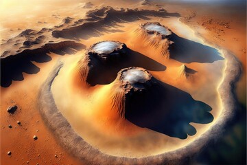 Wall Mural - Fantastic mars landscape aerial top view. Concept of rough surface of red planet atmosphere. Finest generative AI.