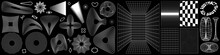 Abstract Rave Psychedelic Set In Trendy Y2k Style. Black And White Retro Futuristic Shapes, And Patterns, Wireframe,  Perspective Grids And Cyberpunk Elements. EPS 10