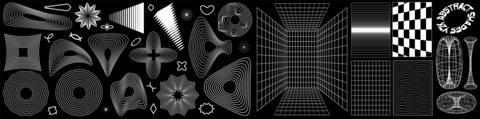 Abstract rave psychedelic set in trendy y2k style. Black and white retro futuristic shapes, and patterns, wireframe,  perspective grids and cyberpunk elements. EPS 10