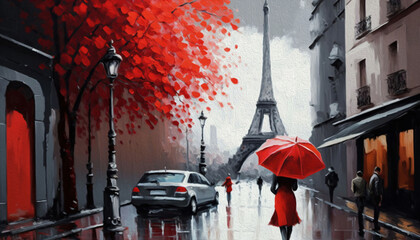 oil painting on canvas, street view of Paris. Artwork. eiffel tower . people under a red umbrella. Tree. France