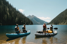 Group Of People Preparing For Kayaking On The Lake