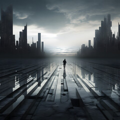 Inspiring linear minimalist modern monochromatic anamorphic muted naturalistic portrait of a post apocolyptic city scape