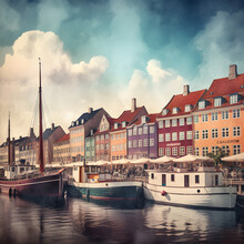 View Of The Old Town With A Canal, River And Boats. Could Be Nyhavn, Copenhagen. Illustration, Art, Painting, Vintage Poster. Created Using Generative AI.