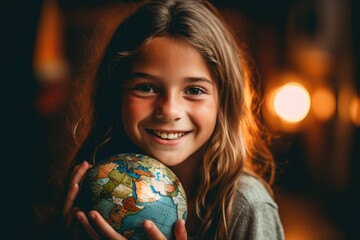 cheerful headshot photo of a young girl with freckles and two braids holding a globe. generative ai