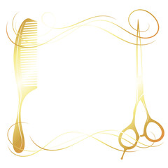 Wall Mural - Scissors comb golden curls hair beautiful frame. Design for a beauty salon