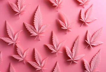  Overhead flat lay of pink marijuana cannabis leaves on a pink background