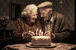 A retro - styled photograph of an older couple celebrating a birthday. Generative AI