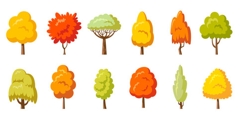 Autumn park tree set. Fall yellow plants side view. Arboretum willow oak poplar birch. Cartoon different orange forest trees. Botanical natural garden maple aspen alder ash linden acacia chestnut elm