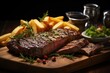 a steak and french fries on a wooden board