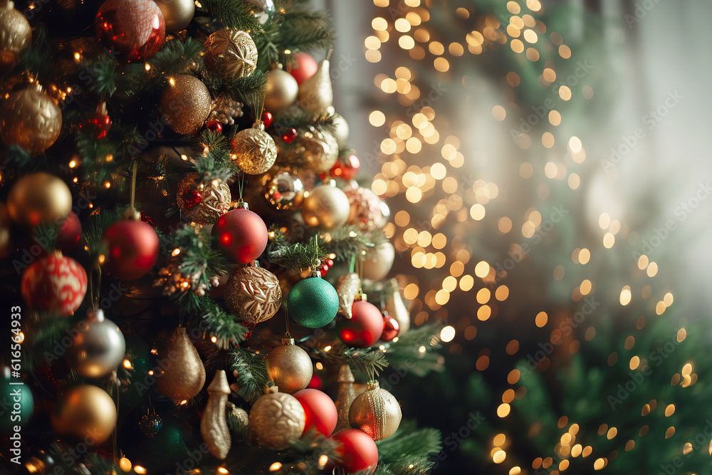 Christmas tree with red gold ornaments and baubles on blurred bokeh ...