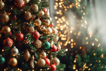 Christmas Tree With Red Gold Ornaments And Baubles On Blurred Bokeh Lights Background. Generative AI