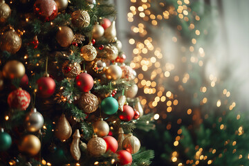 christmas tree with red gold ornaments and baubles on blurred bokeh lights background. generative ai