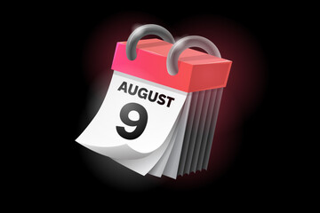 August 9 3d calendar icon with date isolated on black background. Can be used in isolation on any design.