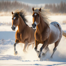 Horses Running In Winter. Snow Covered Landscape