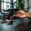 © customer solution - car dealer hand holding key with using calculator. concept car insurance and financing