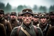 Portrait of a 20th century soldier in the ranks with selective focus. AI generated, human enhanced