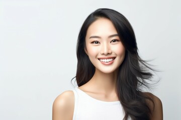 Wall Mural - Beauty portrait of a pretty young Asian woman on a light background with selective focus and copy space. AI generated