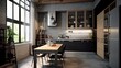 © andrenascimento - A small kitchen in industrial minimalist interior design style. Industrial kitchen. Generative AI.