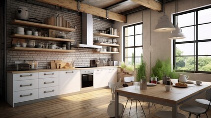 A small kitchen in industrial minimalist interior design style. Industrial kitchen. Generative AI.