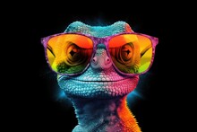 Chameleon Wearing Sunglasses On A Solid Color Background, Vector Art, Digital Art, Faceted, Minimal, Abstract. Generative AI.