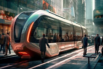 Urban mobility future - tram, metro, subway in futuristic city. Generative AI.