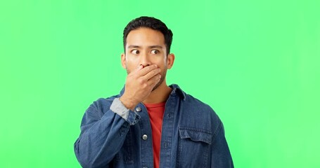 Sticker - Shocked, surprise and face of man on green screen for news, gossip and notification. Mockup, announcement and alert with portrait of person on studio background for wow, advertising and drama