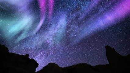 Wall Mural - Solar Storm Aurora Purple and Green Milky Way Galaxy Time Lapse over Rock Formatton