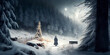 A fabulous image of a winter snowy forest and a wizard going into the distance along a forest road, in the evening lighting. Generative AI