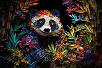 Wall Mural - Image of panda in style paper quilling art beautiful colors type low relief. Wildlife Animals. Illustration, generative AI.