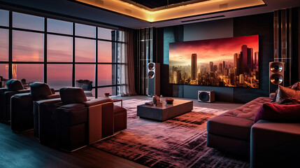 Wall Mural - Stunning stylish home cinema. Luxury home theater design. Generative Ai