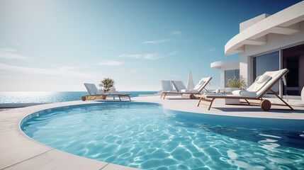 Wall Mural - The edge Luxury swimming pool with white fashion deckchairs on the beach. Generative Ai