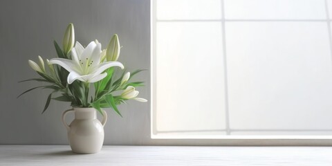 Wall Mural - Window and white lily flower on table with sun light copy space blurred background, AI Generated