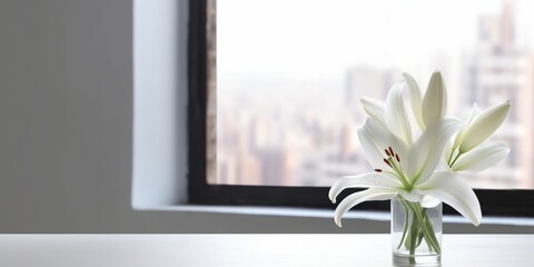 Wall Mural - Window and white lily flower on table with sun light copy space blurred background, AI Generated