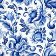 Seamless pattern in Dutch delft blue and white traditional handpainted.  Generative AI.