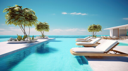 Wall Mural - The edge Luxury swimming pool with white fashion deckchairs on the beach. Generative Ai