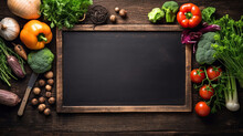 High Angle View Of Blank Chalkboard And Silver Knife And Fork Surrounded By Fresh Herbs And Healthy Raw Vegetables Scattered On Rustic Wooden Table Surface. Generative Ai