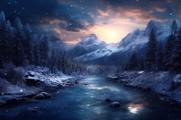 Beautiful winter landscape with mountain river and starry sky at night.Generative Ai