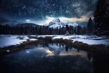  Beautiful winter landscape with mountain river and starry sky at night.Generative Ai