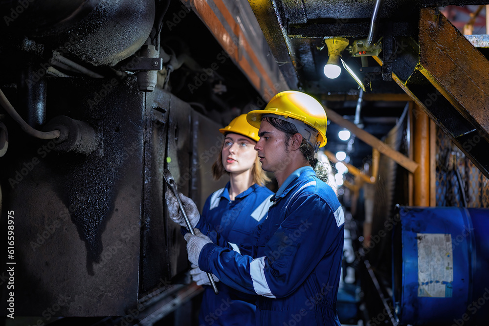 Male and female engineers working maintenance wheel transmittal system ...