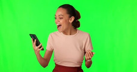 Aufkleber - Woman, winning announcement on smartphone and green screen, excited and surprise with social media giveaway. Female winner, happy and wow, mockup space and internet competition on studio background