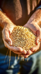 An adult man holds wheat grains in his palms, checks the quality of the crop. Generative AI