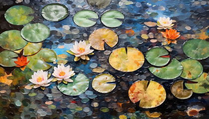 Wall Mural - water lilies, lotus in the pond, Pointillism style illustration, generative ai, digital illustration.