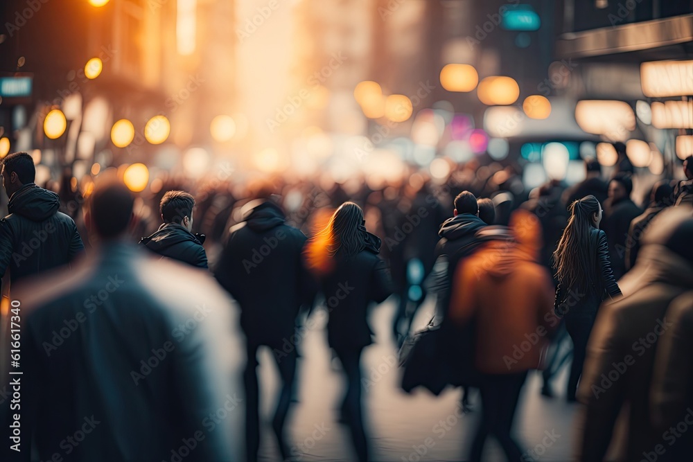 Blurry city street scene, People crossing the street while the traffic ...
