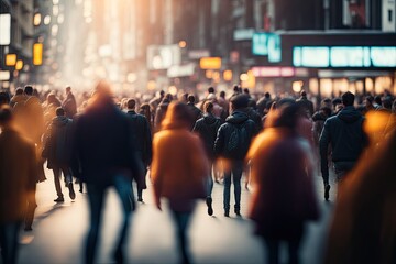 Blurry city street scene, People crossing the street while the traffic light, ai generative